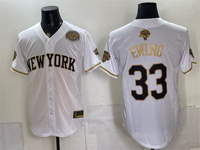 New York Knicks #33 Patrick Ewing White Gold 2026 Finals & Eastern Conference Champions Patch Stitched Baseball Jersey
