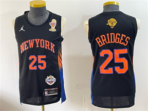 New York Knicks #25 Mikal Bridges Black 2026 Finals Champions Patch Statement Edition Stitched Jersey