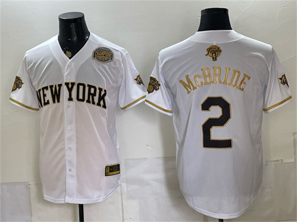 New York Knicks #2 Miles McBride White Gold 2026 Finals & Eastern Conference Champions Patch Stitched Baseball Jersey New York Knicks #2 Miles McBride White Gold 2026 Finals & Eastern Conference Champions Patch Stitched Baseball Jersey