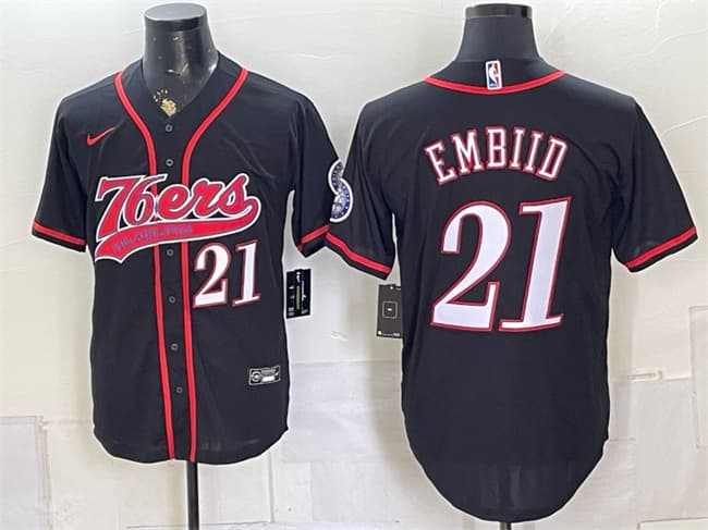 Philadelphia 76ers #21 Joel Embiid Black Cool Base Stitched Baseball Jersey
