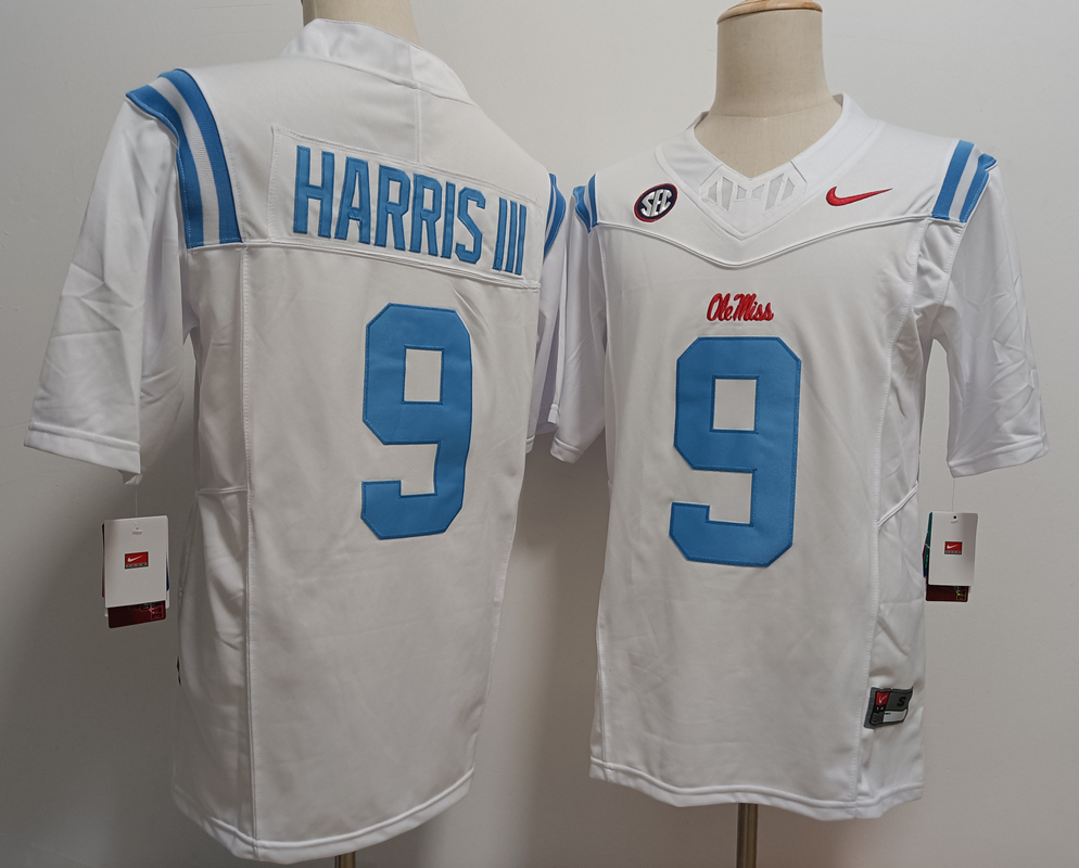 Ole Miss Rebels #9 Tre Harris III White FUSE College Stitched Jersey