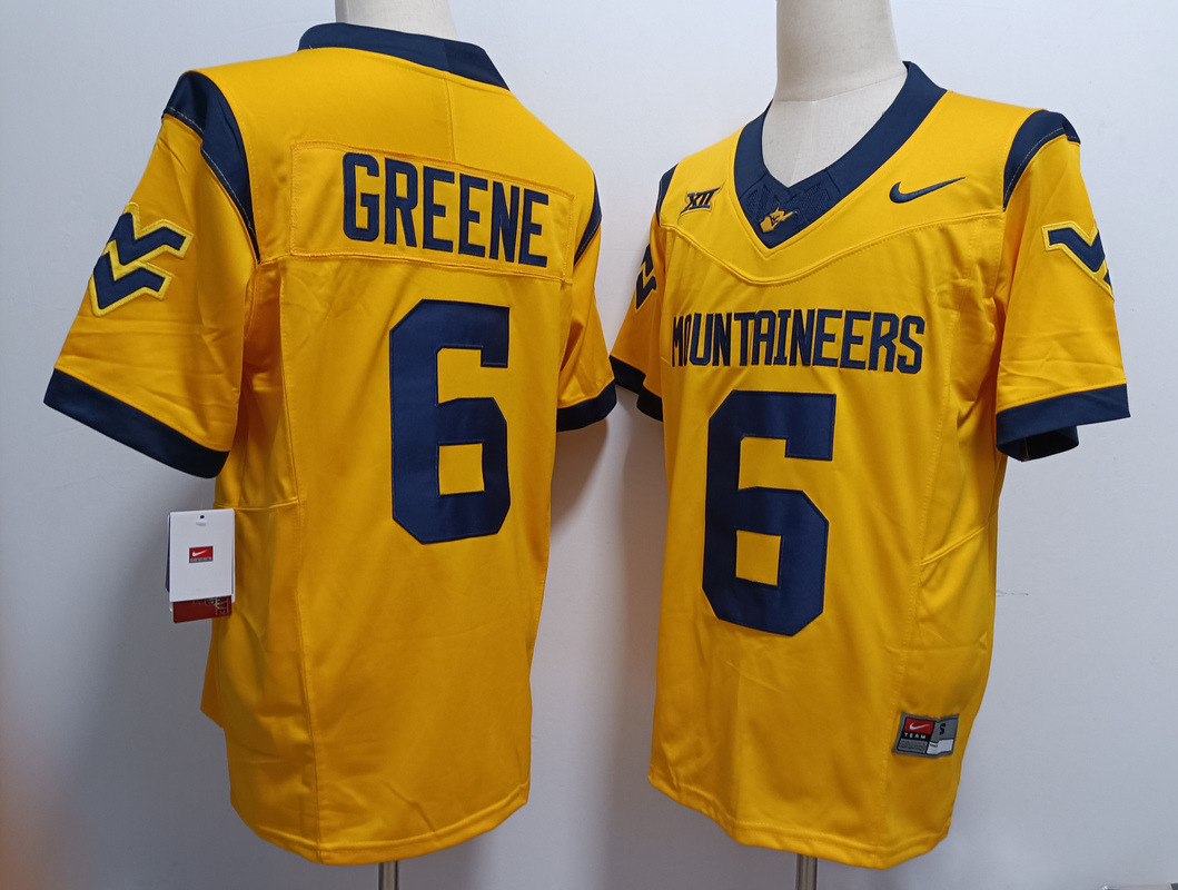 West Virginia Mountaineers #6 Garrett Greene Yellow FUSE College Stitched Jersey