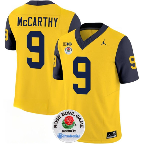 Michigan Wolverines #9 J.J. McCarthy Yellow Navy Rose Bowl Patch Stitched Jersey Michigan Wolverines #9 J.J. McCarthy Yellow Navy Rose Bowl Patch Stitched Jersey