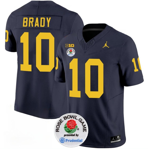 Michigan Wolverines #10 Tom Brady Navy Blue Rose Bowl Patch Stitched Jersey