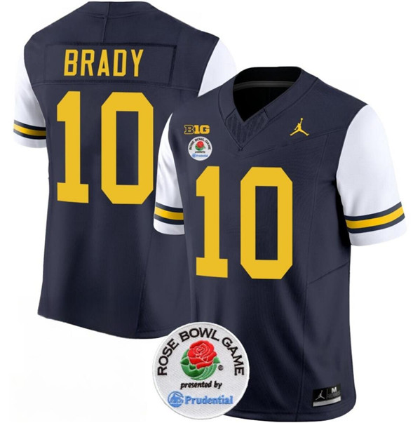 Michigan Wolverines #10 Tom Brady Navy White Rose Bowl Patch Stitched Jersey