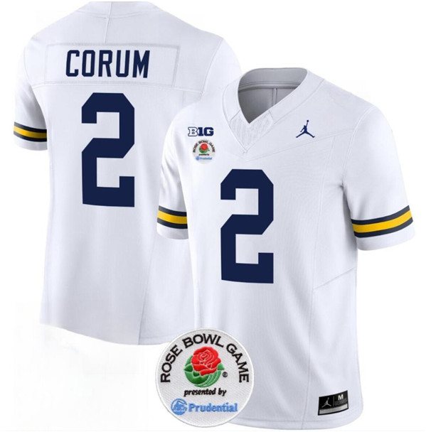 Michigan Wolverines #2 Blake Corum White Rose Bowl Patch Stitched Jersey Michigan Wolverines #2 Blake Corum White Rose Bowl Patch Stitched Jersey