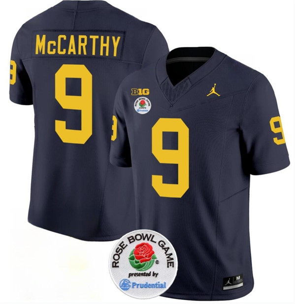 Michigan Wolverines #9 J.J. McCarthy Navy Blue Rose Bowl Patch Stitched Jersey Michigan Wolverines #9 J.J. McCarthy Navy Blue Rose Bowl Patch Stitched Jersey
