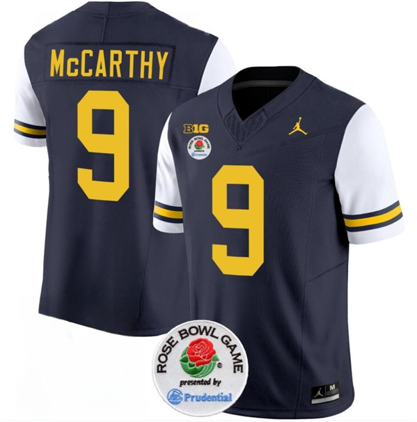 Michigan Wolverines #9 J.J. McCarthy Navy White Rose Bowl Patch Stitched Jersey Michigan Wolverines #9 J.J. McCarthy Navy White Rose Bowl Patch Stitched Jersey