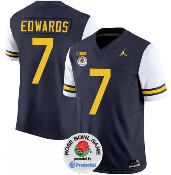 Michigan Wolverines #7 Donovan Edwards Navy White Rose Bowl Patch Stitched Jersey Michigan Wolverines #7 Donovan Edwards Navy White Rose Bowl Patch Stitched Jersey