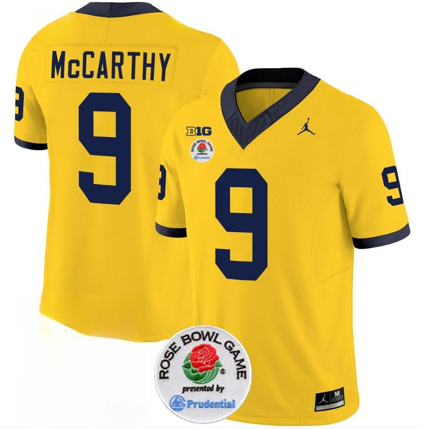 Michigan Wolverines #9 J.J. McCarthy Yellow Rose Bowl Patch Stitched Jersey Michigan Wolverines #9 J.J. McCarthy Yellow Rose Bowl Patch Stitched Jersey