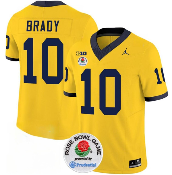 Michigan Wolverines #10 Tom Brady Yellow Rose Bowl Patch Stitched Jersey