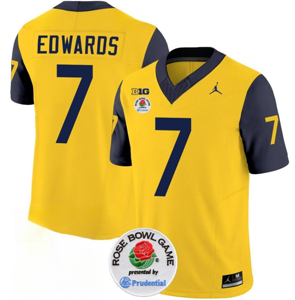 Michigan Wolverines #7 Donovan Edwards Yellow Navy Rose Bowl Patch Stitched Jersey Michigan Wolverines #7 Donovan Edwards Yellow Navy Rose Bowl Patch Stitched Jersey
