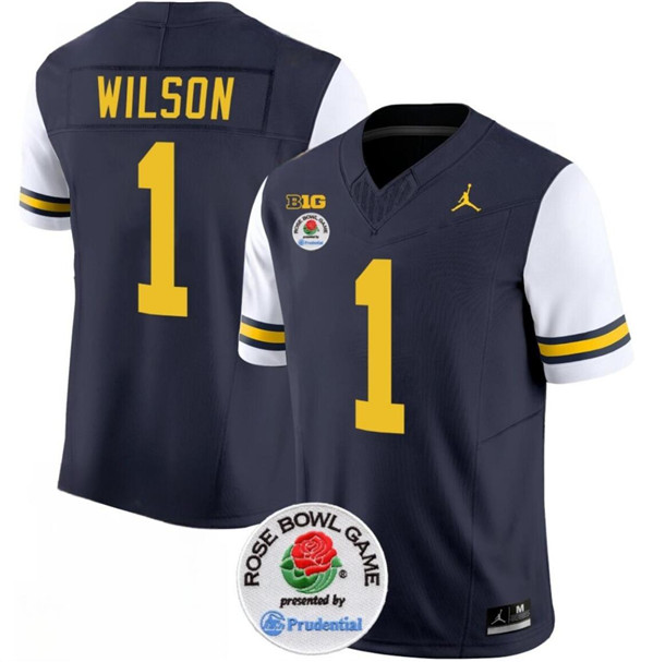 Michigan Wolverines #1 Roman Wilson Navy White Rose Bowl Patch Stitched Jersey