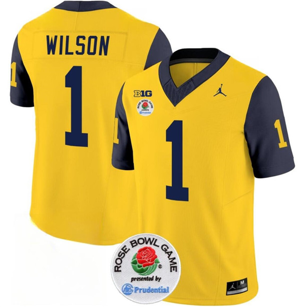 Michigan Wolverines #1 Roman Wilson Yellow Navy Rose Bowl Patch Stitched Jersey