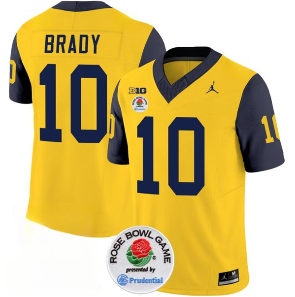 Michigan Wolverines #10 Tom Brady Yellow Navy Rose Bowl Patch Stitched Jersey