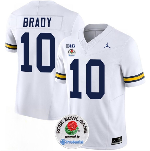 Michigan Wolverines #10 Tom Brady White Rose Bowl Patch Stitched Jersey