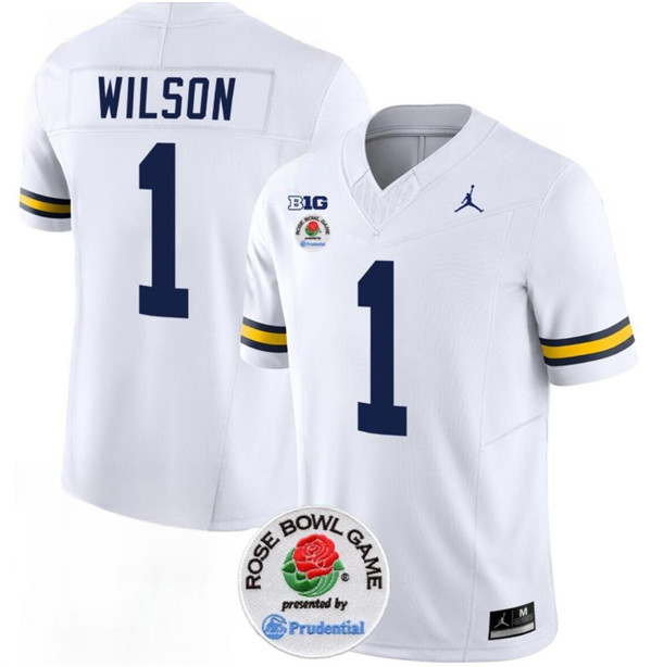Michigan Wolverines #1 Roman Wilson White Rose Bowl Patch Stitched Jersey