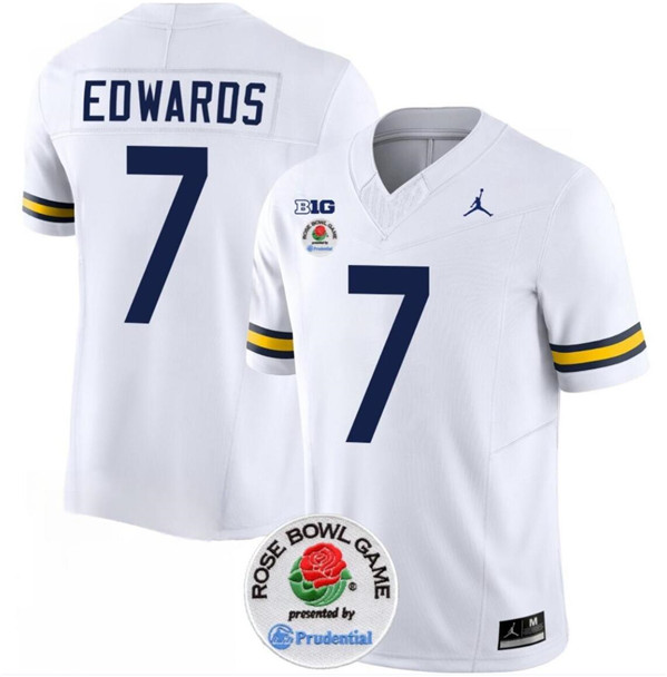 Michigan Wolverines #7 Donovan Edwards White Rose Bowl Patch Stitched Jersey Michigan Wolverines #7 Donovan Edwards White Rose Bowl Patch Stitched Jersey
