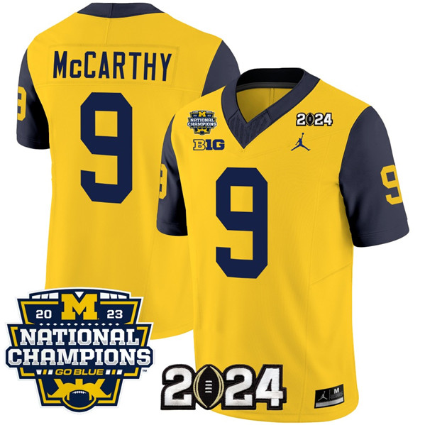 Michigan Wolverines #9 J.J. McCarthy Yellow Navy With 2023 National Champions Patch Stitched Jersey Michigan Wolverines #9 J.J. McCarthy Yellow Navy With 2023 National Champions Patch Stitched Jersey