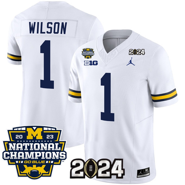 Michigan Wolverines #1 Roman Wilson White With 2023 National Champions Patch Stitched Jersey