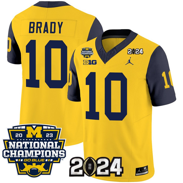 Michigan Wolverines #10 Tom Brady Yellow Navy With 2023 National Champions Patch Stitched Jersey