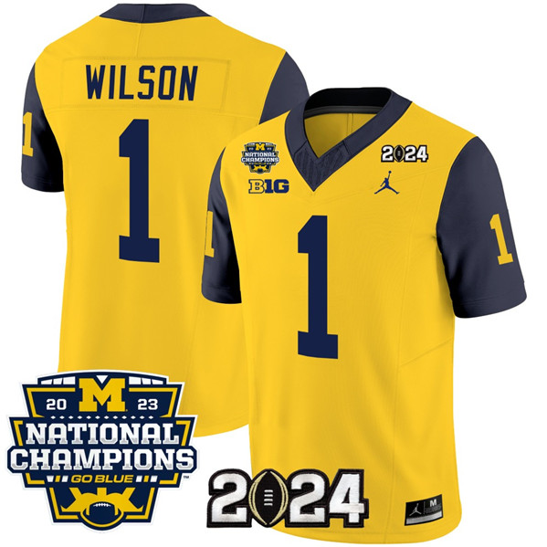 Michigan Wolverines #1 Roman Wilson Yellow Navy With 2023 National Champions Patch Stitched Jersey