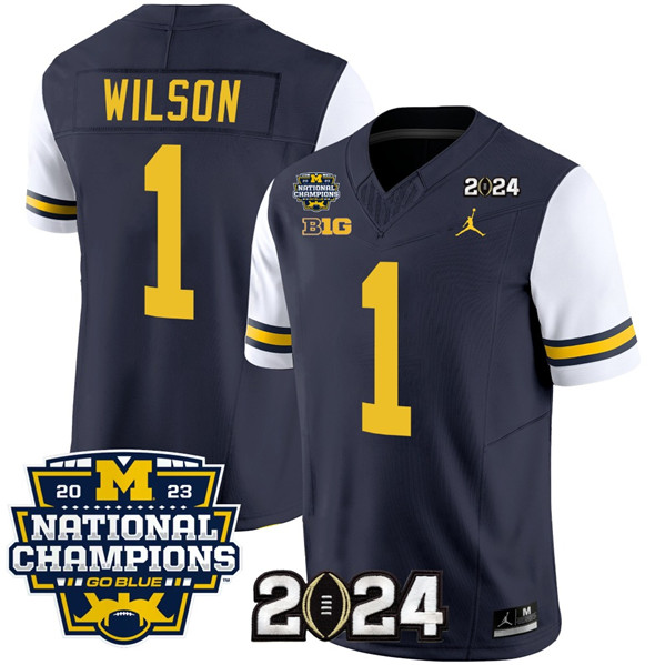 Michigan Wolverines #1 Roman Wilson Navy White With 2023 National Champions Patch Stitched Jersey