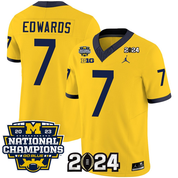 Michigan Wolverines #7 Donovan Edwards Yellow With 2023 National Champions Patch Stitched Jersey Michigan Wolverines #7 Donovan Edwards Yellow With 2023 National Champions Patch Stitched Jersey