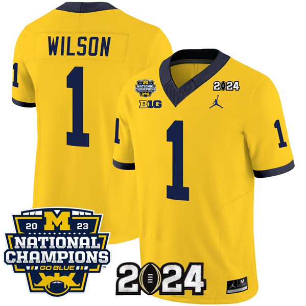 Michigan Wolverines #1 Roman Wilson Yellow With 2023 National Champions Patch Stitched Jersey
