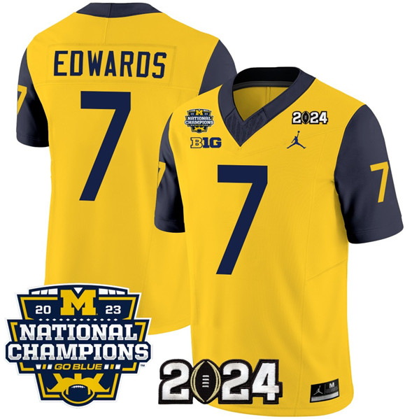 Michigan Wolverines #7 Donovan Edwards Yellow Navy With 2023 National Champions Patch Stitched Jersey Michigan Wolverines #7 Donovan Edwards Yellow Navy With 2023 National Champions Patch Stitched Jersey