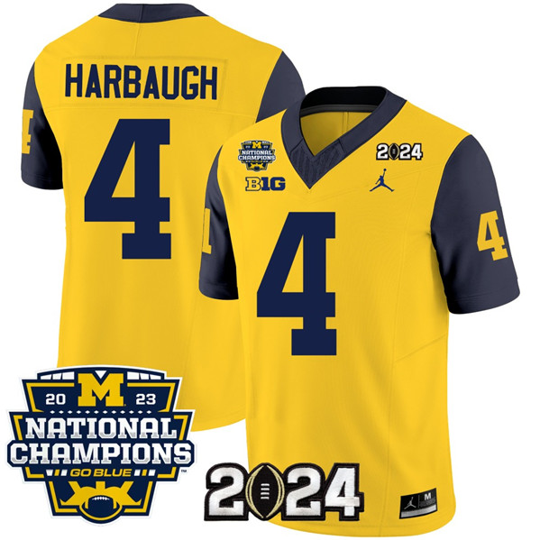 Michigan Wolverines #4 Jim Harbaugh Yellow Navy With 2023 National Champions Patch Stitched Jersey Michigan Wolverines #4 Jim Harbaugh Yellow Navy With 2023 National Champions Patch Stitched Jersey