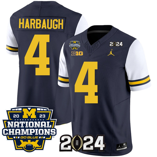 Michigan Wolverines #4 Jim Harbaugh Navy White With 2023 National Champions Patch Stitched Jersey Michigan Wolverines #4 Jim Harbaugh Navy White With 2023 National Champions Patch Stitched Jersey
