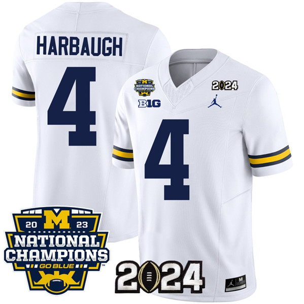 Michigan Wolverines #4 Jim Harbaugh White With 2023 National Champions Patch Stitched Jersey Michigan Wolverines #4 Jim Harbaugh White With 2023 National Champions Patch Stitched Jersey