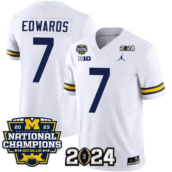 Michigan Wolverines #7 Donovan Edwards White With 2023 National Champions Patch Stitched Jersey Michigan Wolverines #7 Donovan Edwards White With 2023 National Champions Patch Stitched Jersey