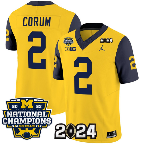 Michigan Wolverines #2 Blake Corum Yellow Navy With 2023 National Champions Patch Stitched Jersey Michigan Wolverines #2 Blake Corum Yellow Navy With 2023 National Champions Patch Stitched Jersey