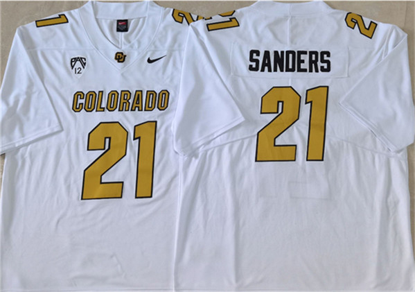 Colorado Buffaloes #21 Shilo Sanders White 2023 With PAC-12 Patch Stitched Football Jersey