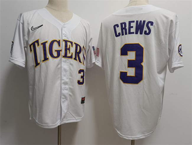 LSU Tigers #3 ylan Crews White Stitched Baseball Jersey