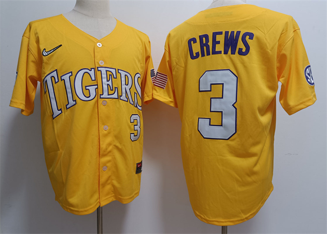 LSU Tigers #3 ylan Crews Gold 2023 Stitched Baseball Jersey
