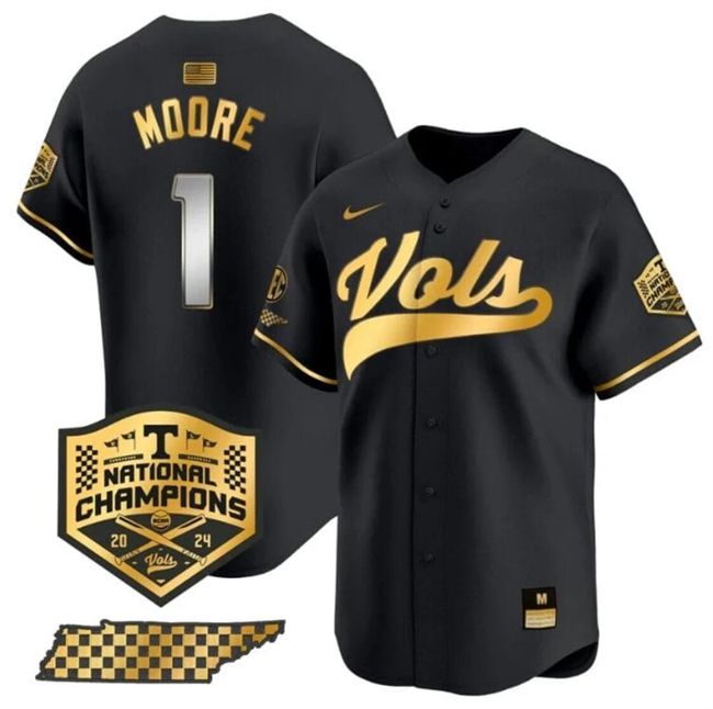 Tennessee Volunteers #1 Christian Moore Black Gold 2024 Champions Stitched Jersey