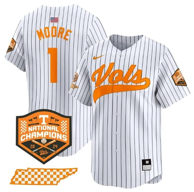 Tennessee Volunteers #1 Christian Moore White Pinstripe 2024 Champions Stitched Jersey