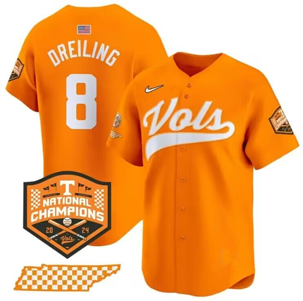 Tennessee Volunteers #8 Dylan Dreiling Orange 2024 Champions Vapor Limited Baseball Stitched Jersey