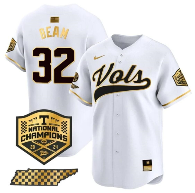 Tennessee Volunteers #32 Drew Beam White Gold 2024 Champions Stitched Jersey