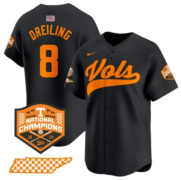 Tennessee Volunteers #8 Dylan Dreiling Black 2024 Champions Vapor Limited Baseball Stitched Jersey