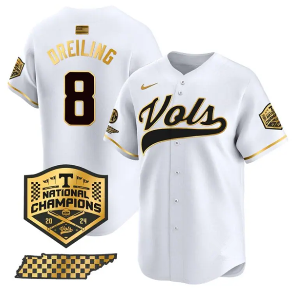 Tennessee Volunteers #8 Dylan Dreiling White Gold 2024 Champions Vapor Limited Baseball Stitched Jersey