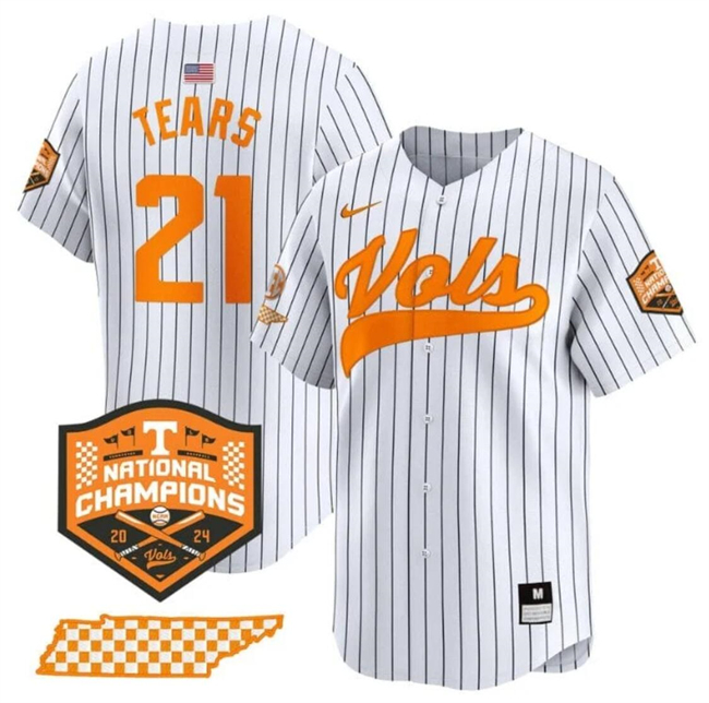 Tennessee Volunteers #21 Kavares Tears White Pinstripe 2024 Champions Stitched Jersey