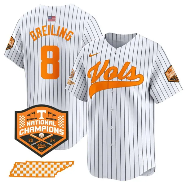 Tennessee Volunteers #8 Dylan Dreiling Pinstripe 2024 Champions Vapor Limited Baseball Stitched Jersey