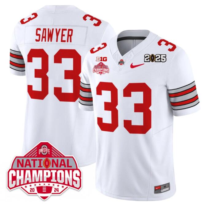 Ohio State Buckeyes #33 Jack Sawyer White 2025 CFP Champions Jersey Ohio State Buckeyes #33 Jack Sawyer White 2025 CFP Champions Jersey