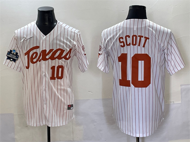 Texas Longhorns #10 Mia Scott White Pinstripe 2025 World Series & SEC Patch Stitched Jersey