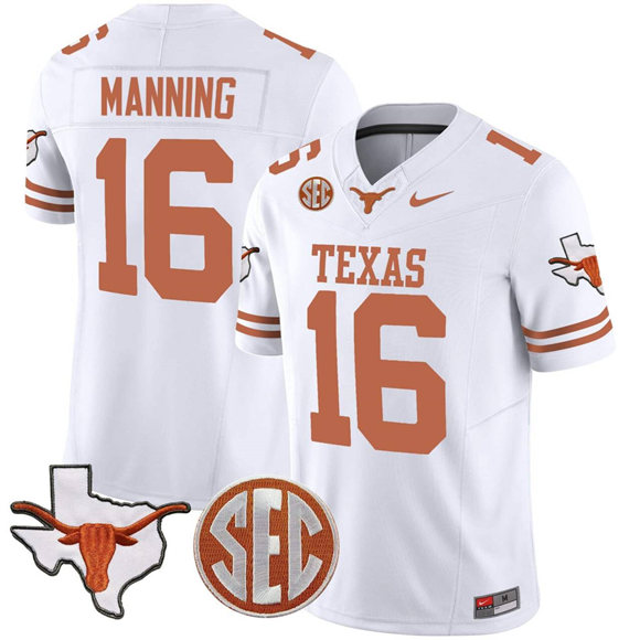 Texas Longhorns #16 Arch Manning White F.U.S.E. Map & SEC Patch Vapor Limited V4 Stitched Jersey