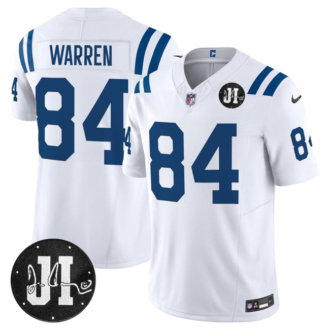 Indianapolis Colts #84 Tyler Warren White 2025 F.U.S.E. Jim Irsay Patch Vapor Limited Football Stitched Jersey Indianapolis Colts #84 Tyler Warren White 2025 F.U.S.E. Jim Irsay Patch Vapor Limited Football Stitched Jersey